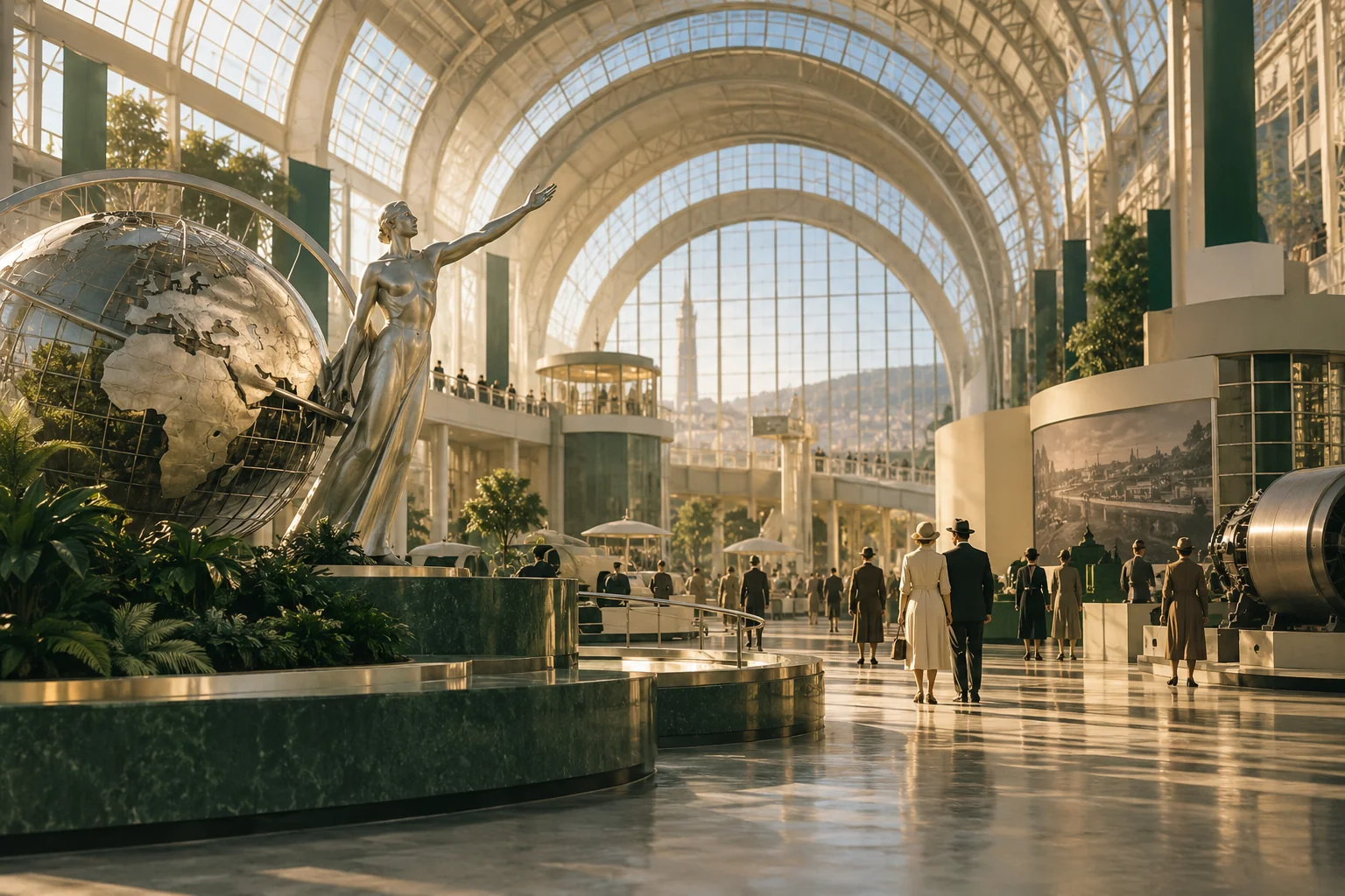 AI ilustrace: AI ilustrace moderního výstavního pavilonu, inspirovaná brněnským výstavištěm.