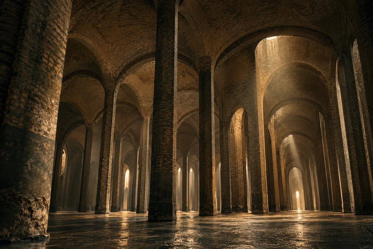 AI ilustrace: AI ilustrace monumentální cihlové nádrže, inspirovaná vodojemy na Žlutém kopci.